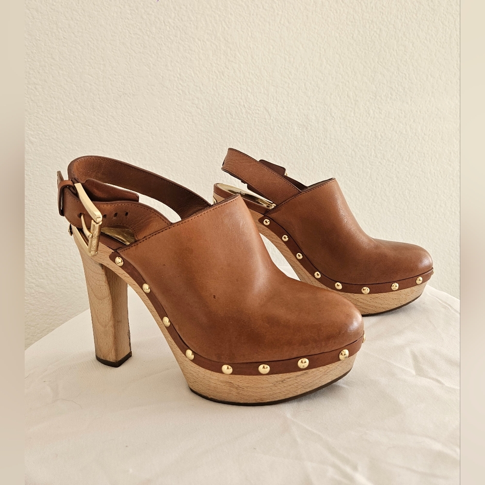 Michael Kors Tan Leather Mules with Gold Accents